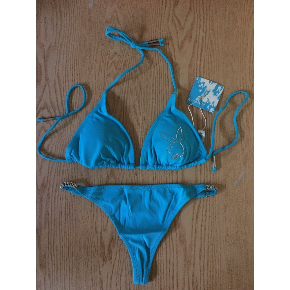New Playboy Vintage 2Pc Thong String Bikini Swimsuit with Rhinestones Large